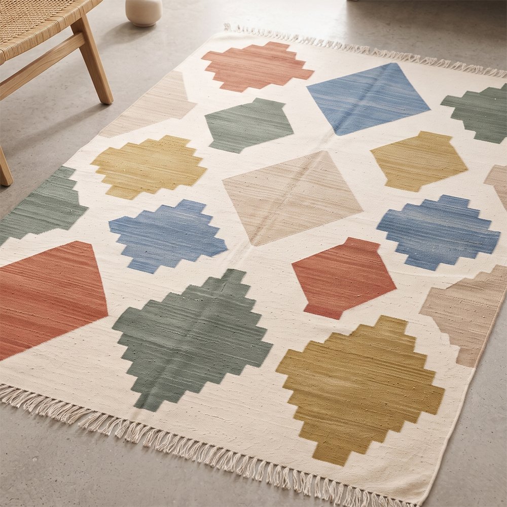 40 Modern Geometric Handwoven Cotton Rug | Multicolor Elegant Pattern for Contemporary Living Spaces - Image 1