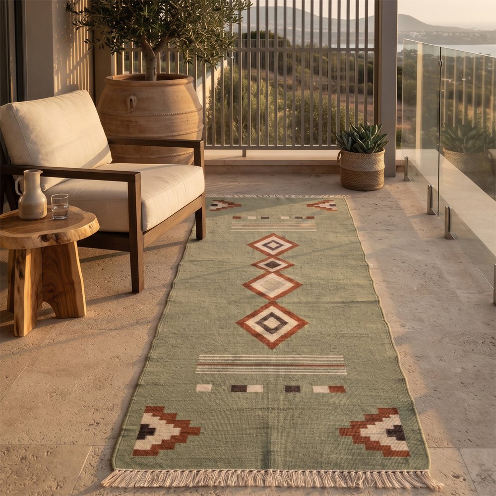 42 Handwoven Cotton Runner Rug 2.5x10 ft – Long Green Minimalist Accent for Modern Interiors - Image 1