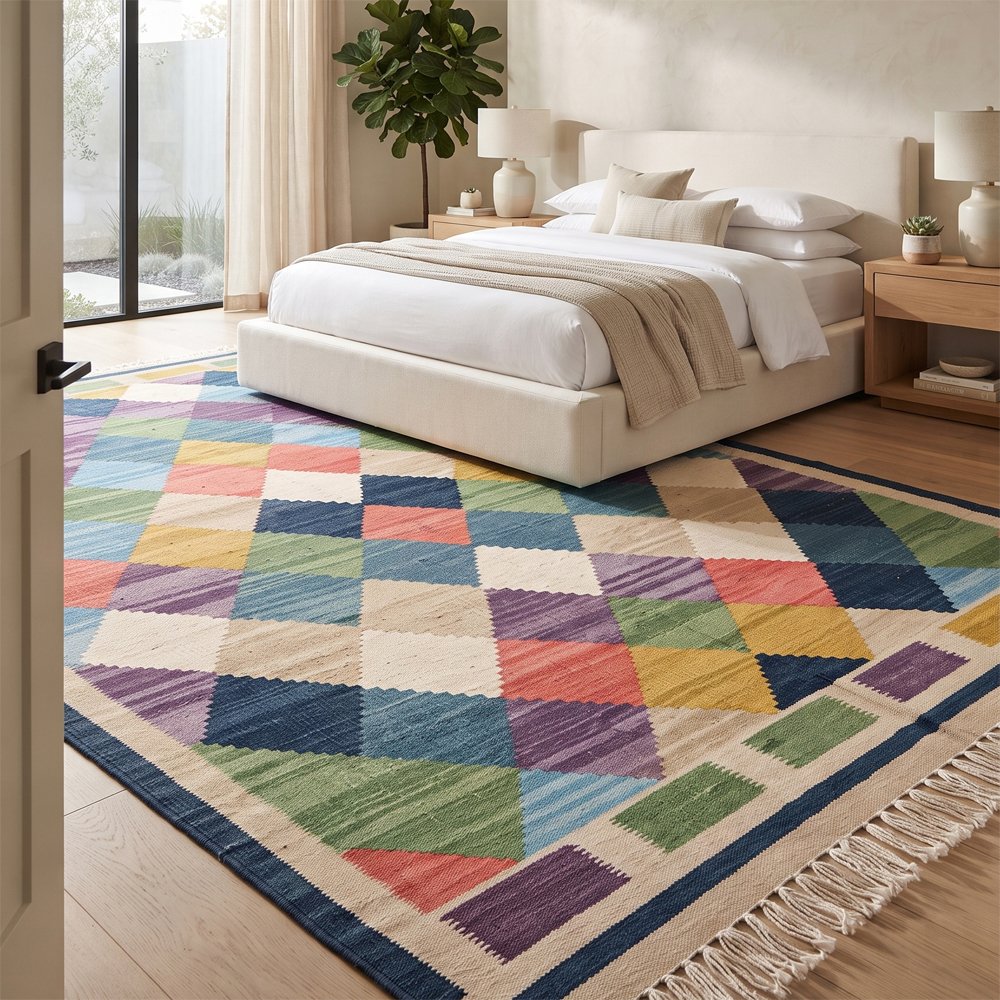 42 Modern Diamond Handwoven Cotton Rug | Multicolor Artisan Geometric Area Rug for Living Room Decor - Image 1