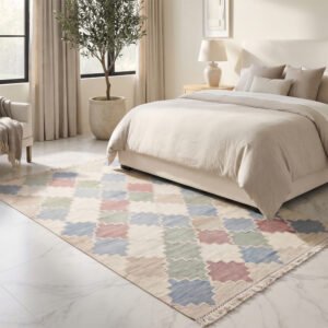 Geometric Shapes Cotton Rug | Handwoven Multicolor Modern Area Rug for Living Room and Bedroom