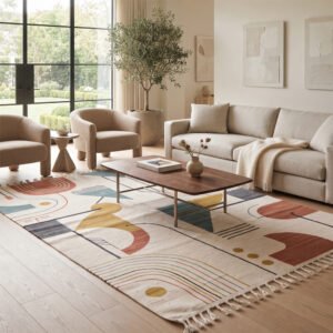 Premium Handwoven Cotton Rug | Artistic Multicolor Abstract Design for Sophisticated Living Room and Bedroom Interiors