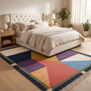 Handcrafted Geometric Cotton Rug | Modern Mlticolor Handwoven Floor Rug for Stylish Interior Spaces