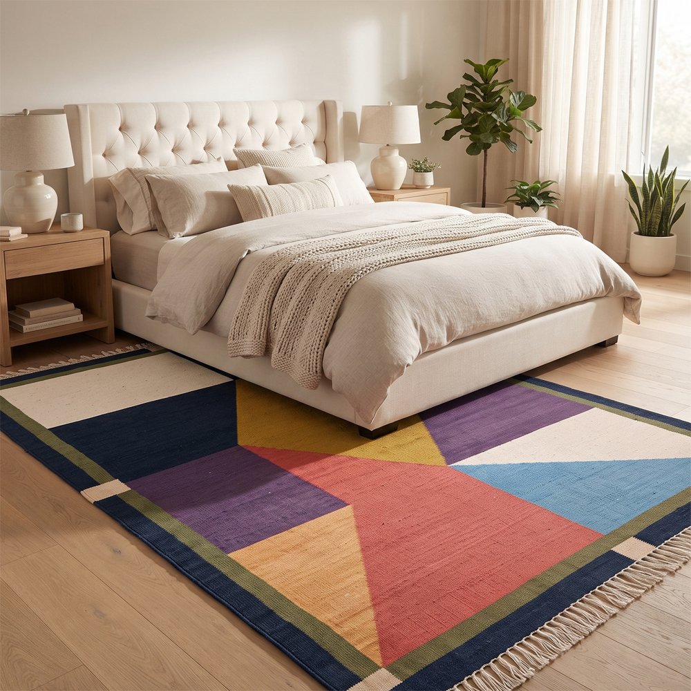 47 Handcrafted Geometric Cotton Rug | Modern Mlticolor Handwoven Floor Rug for Stylish Interior Spaces - Image 1