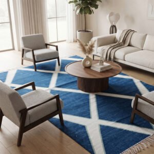 Handmade Cotton Rug | Contemporary Blue Geometric Design Floor Rug for Stylish Home Decor