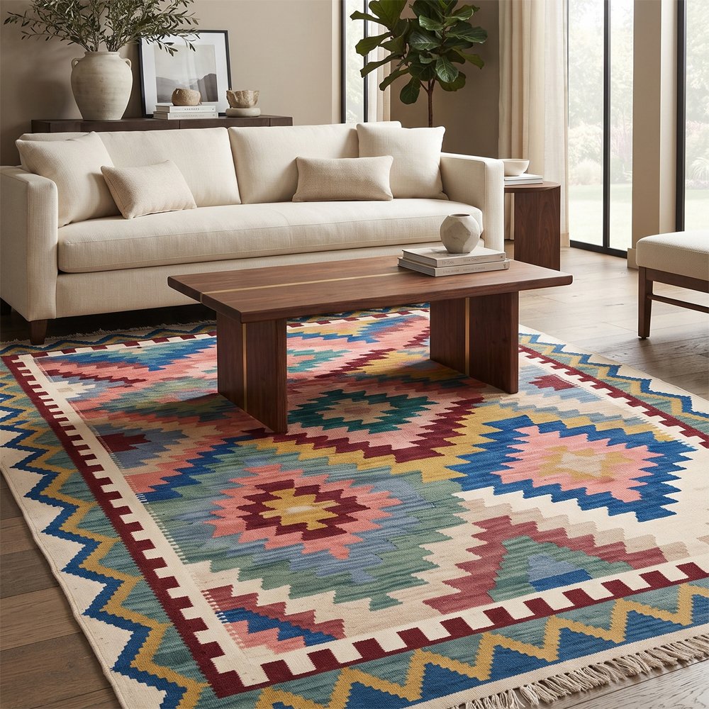 51 Traditional Handwoven Cotton Rug | Multicolor Classic Pattern Area Rug for Living Room and Bedroom - Image 1