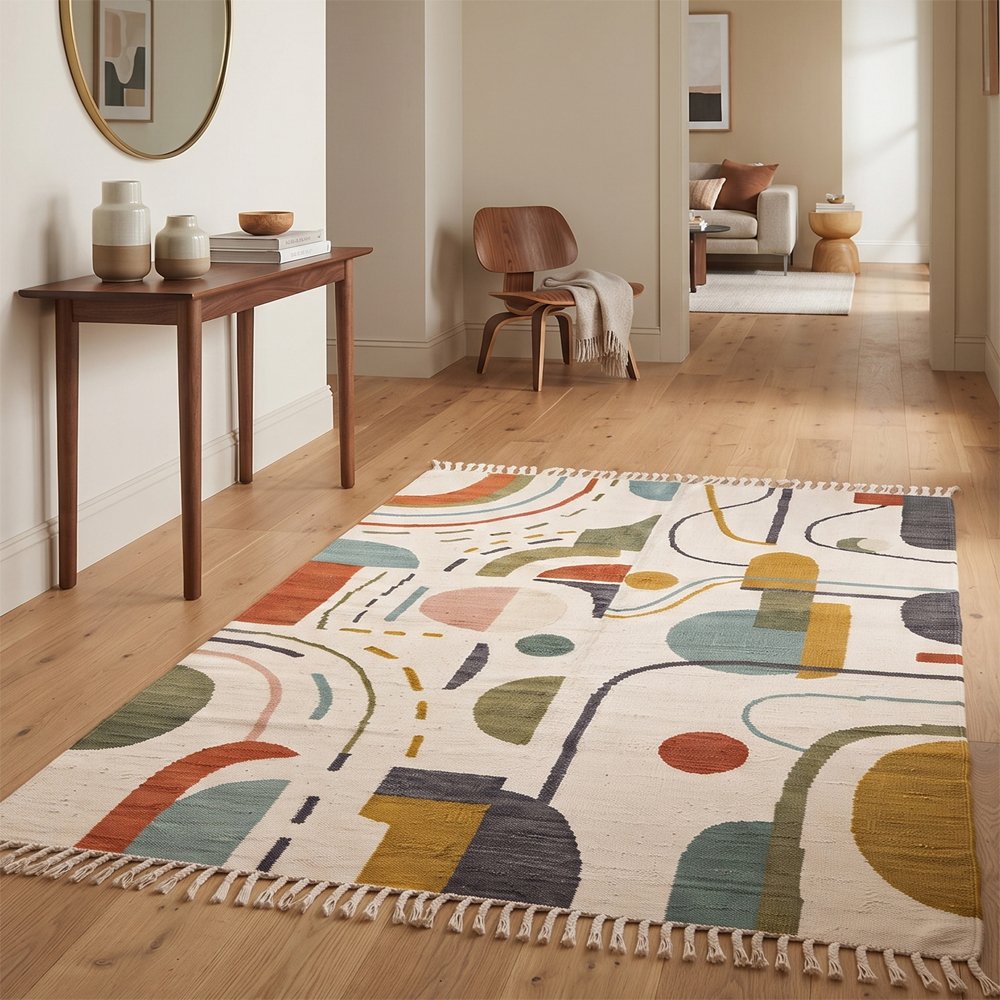 55 Artisan Abstract Cotton Rug | Handcrafted Contemporary Multicolor Design for Luxury Home Interiors - Image 1