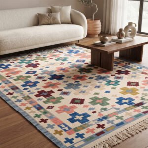 Geometric Shapes Handwoven Cotton Rug | Modern Multicolor Decorative Area Rug for Home Interiors