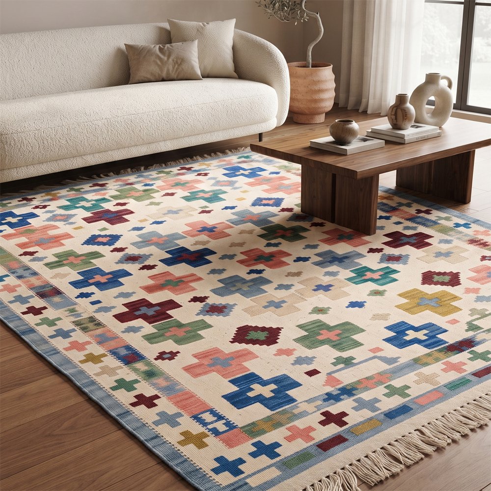 57 Geometric Shapes Handwoven Cotton Rug | Modern Multicolor Decorative Area Rug for Home Interiors - Image 1