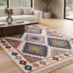 Unique Geometric Handwoven Cotton Rug | Contemporary Multicolor Area Rug for Modern Home Decor