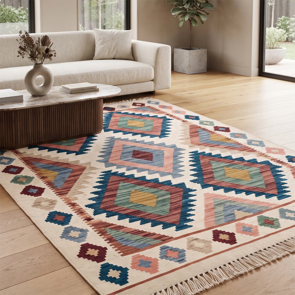 61 Unique Geometric Handwoven Cotton Rug | Contemporary Multicolor Area Rug for Modern Home Decor - Image 1