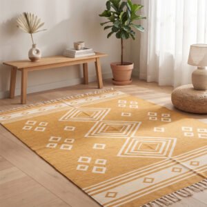 Elegant Geometric Cotton Rug | Handmade Yellow Decorative Area Rug for Living Room and Bedroom