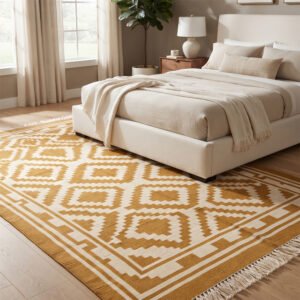 Modern Geometric Handwoven Yellow Cotton Rug | Elegant Pattern for Contemporary Living Spaces