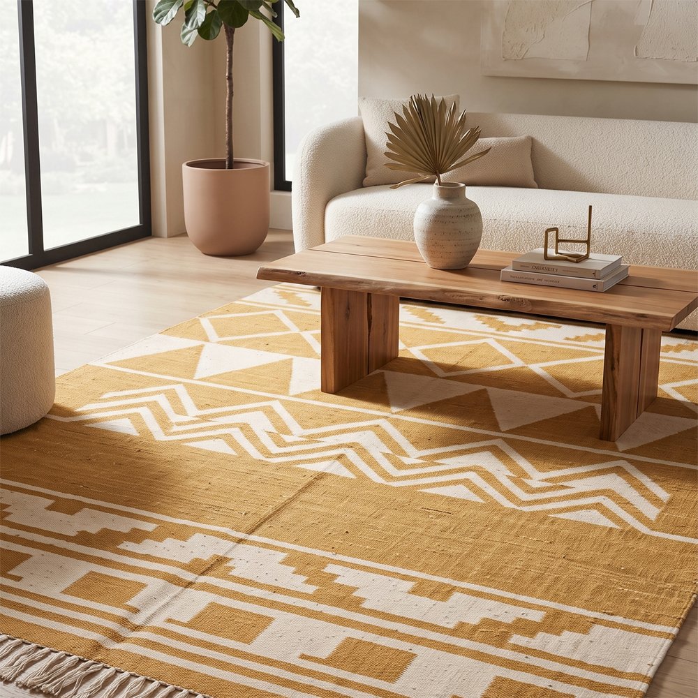 87 Contemporary Handwoven Cotton Rug | Artistic Geometric Pattern for Modern Interiors - Image 1