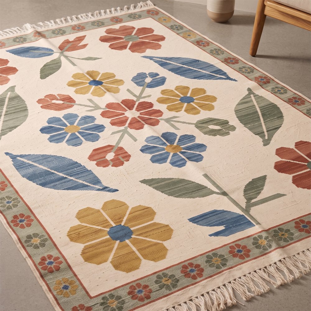 9 Premium Handwoven Cotton Rug | Artistic Multicolor Floral Pattern Area Rug for Elegant Home Interiors - Image 1
