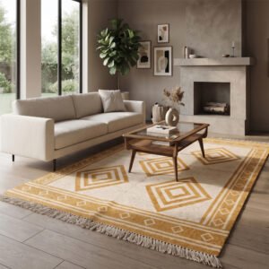 Geometric Pattern Handwoven Cotton Rug Yellow | Modern Artistic Style for Contemporary Homes