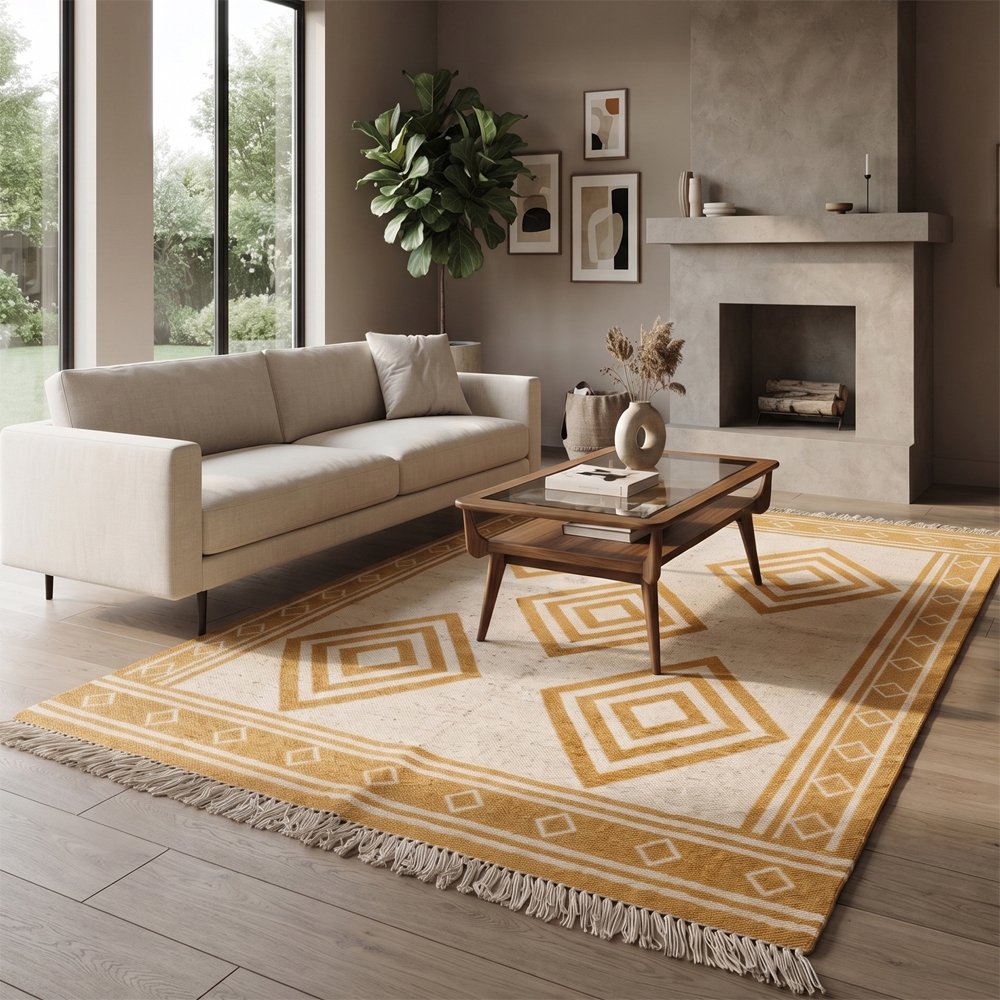 93 Geometric Pattern Handwoven Cotton Rug Yellow | Modern Artistic Style for Contemporary Homes - Image 1