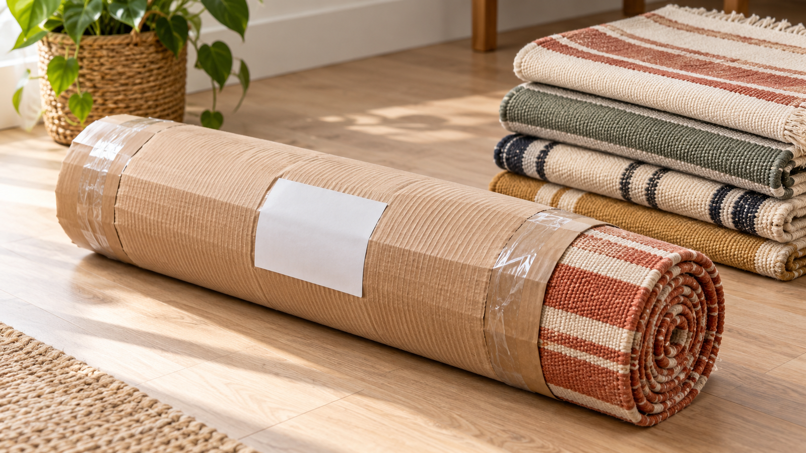 A handwoven dhurrie rug rolled and packed for international shipping from India
