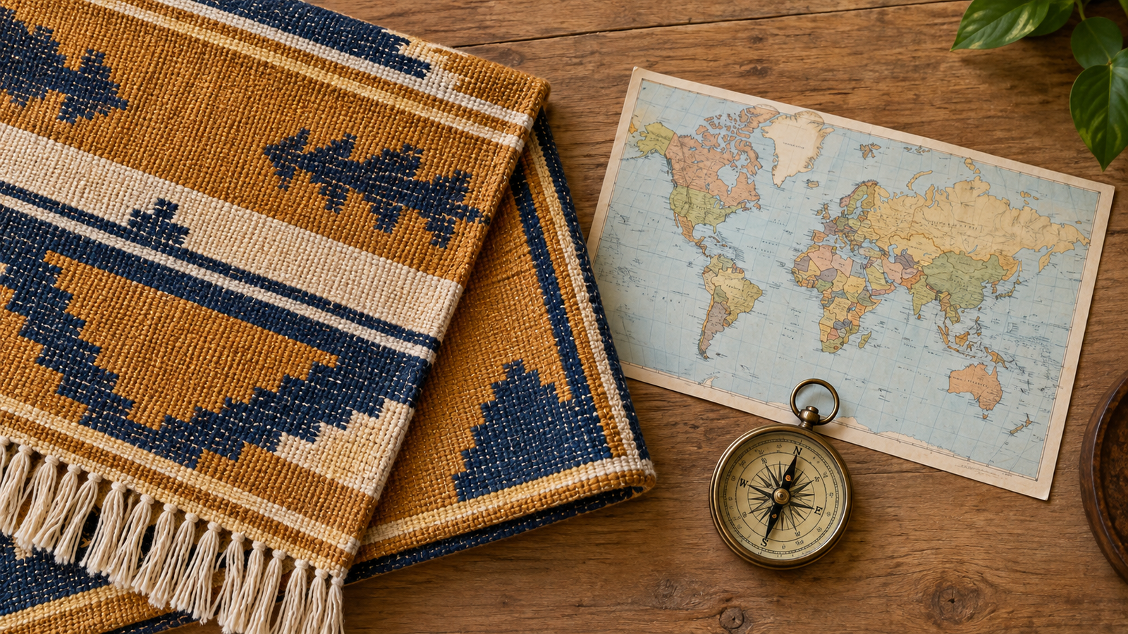 A handwoven dhurrie rug displayed beside a simple world map suggesting international shipping reach
