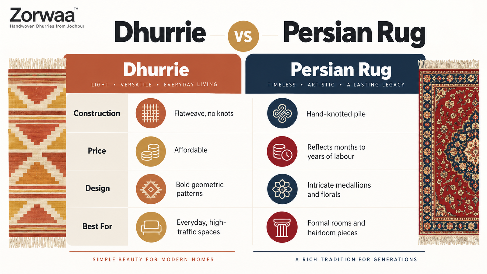 Zorwaa infographic comparing dhurrie and Persian rugs by construction, price, design and durability