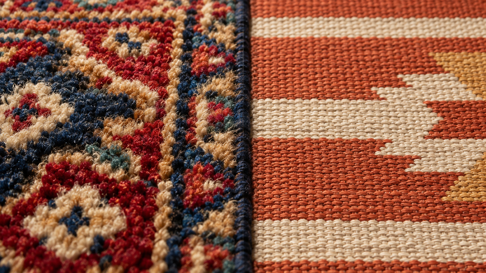 Close-up comparing hand-knotted pile construction with flatweave construction