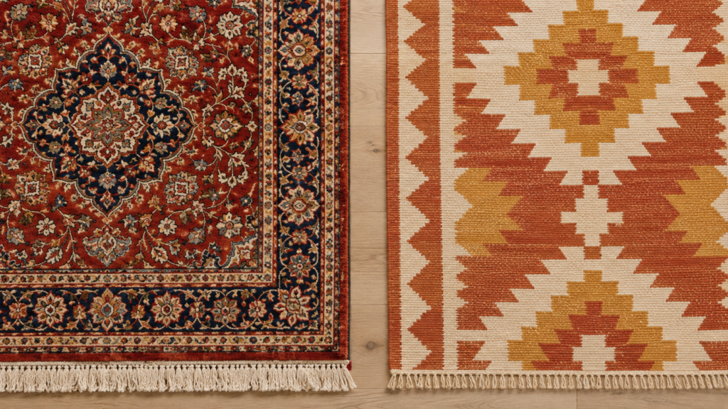 Side-by-side comparison of a detailed hand-knotted Persian rug and a geometric flatweave dhurrie