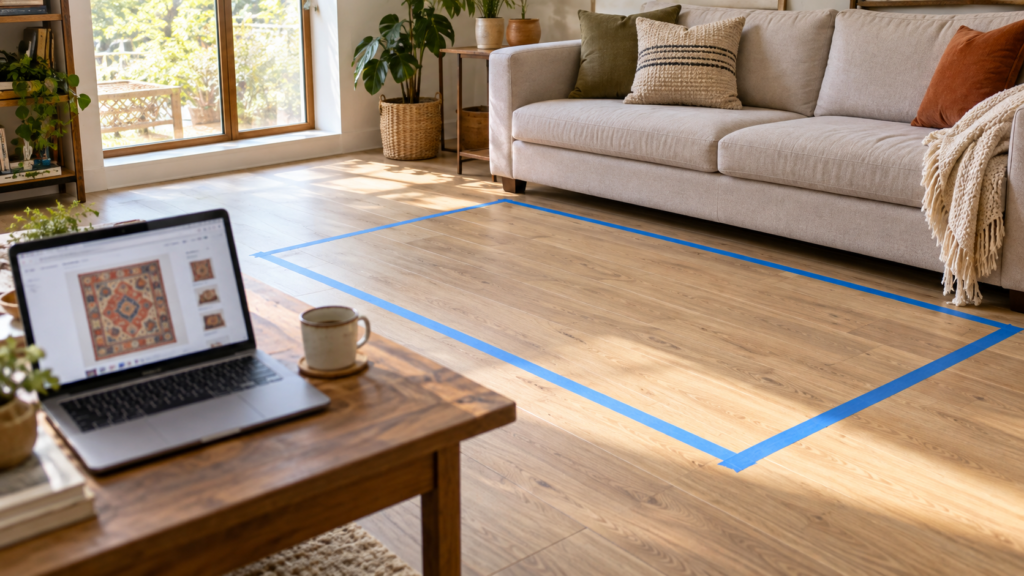 Painter's tape marking out rug dimensions on a living room floor before buying online
