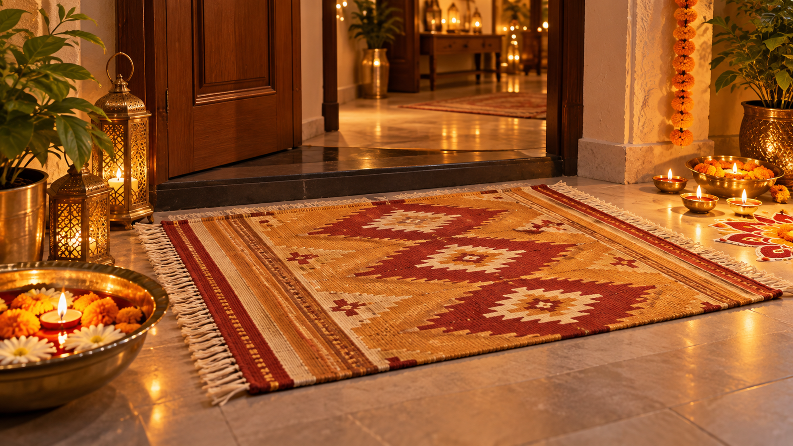 Small warm-toned dhurrie rug gifted for Diwali, styled at a home entryway with diyas