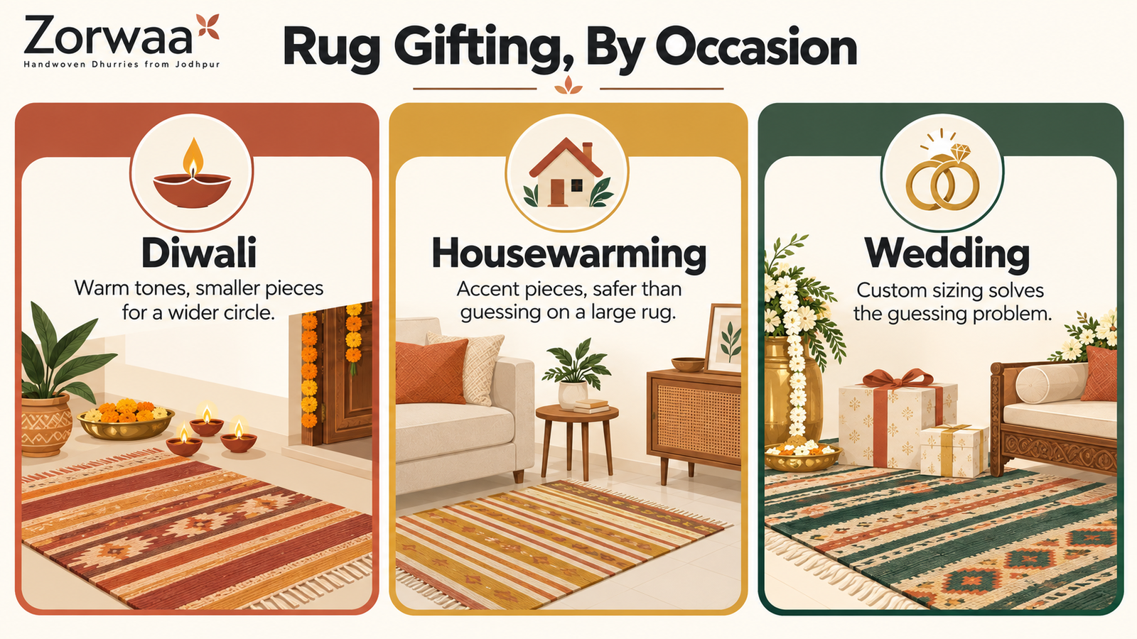 Zorwaa infographic showing rug gifting tips for Diwali, housewarming and wedding occasions