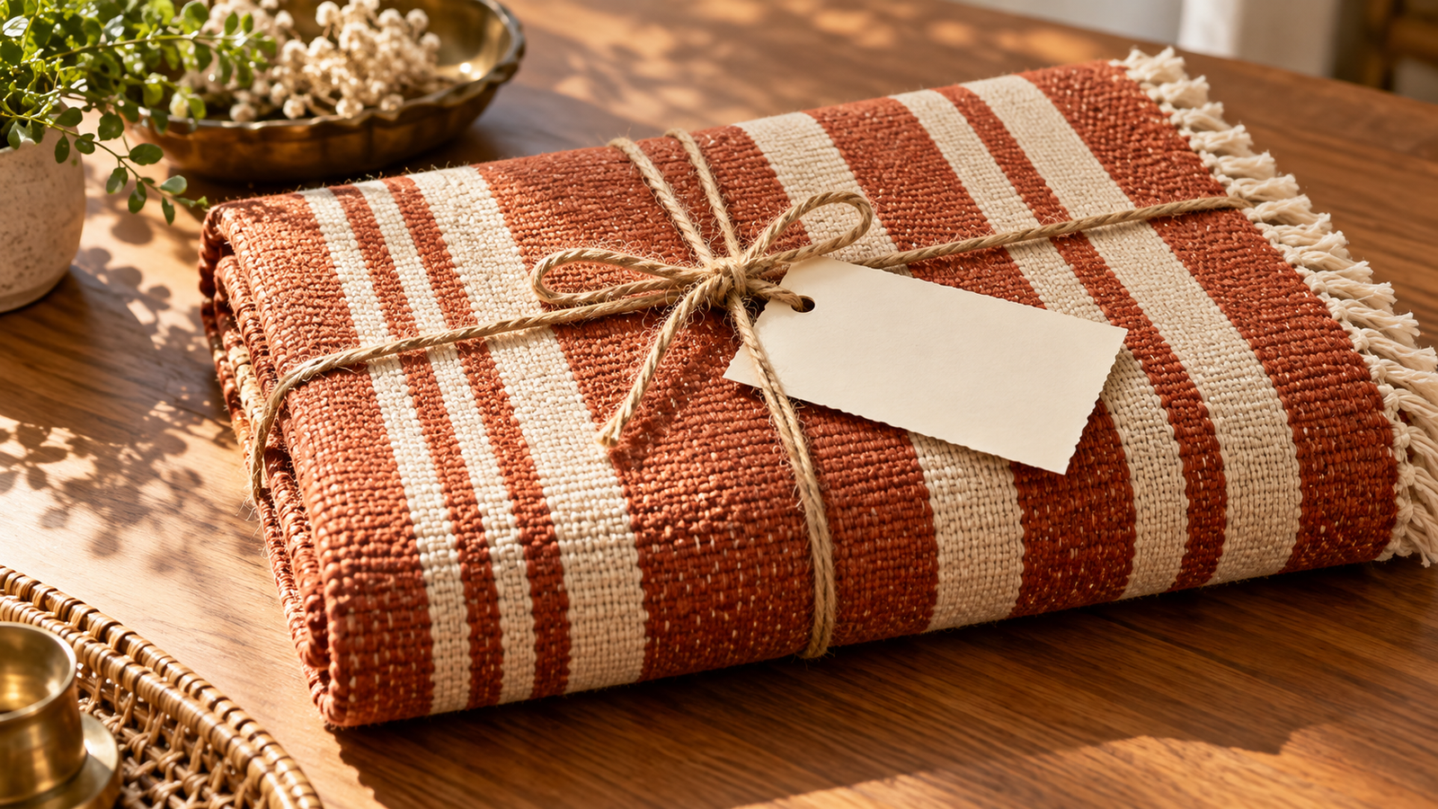 A folded custom dhurrie rug presented as a wedding gift alongside a handwritten gift card