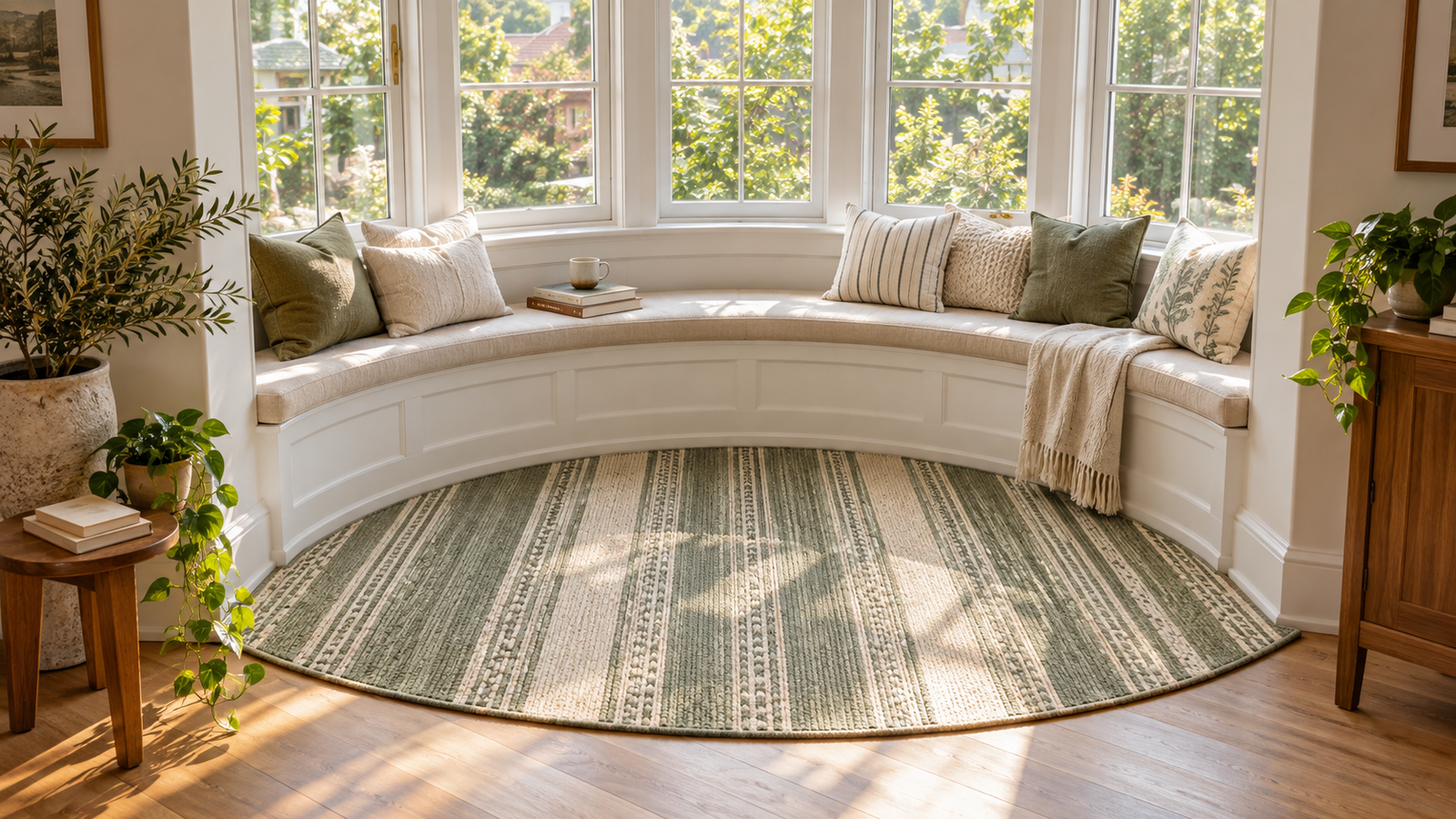 Custom-shaped flatweave dhurrie rug woven to follow the curve of a bay window nook
