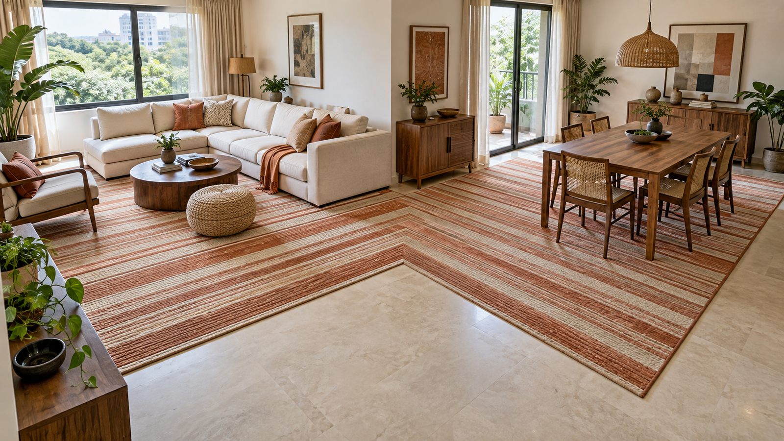 A single custom L-shaped flatweave dhurrie rug fitted to an open-plan living and dining space