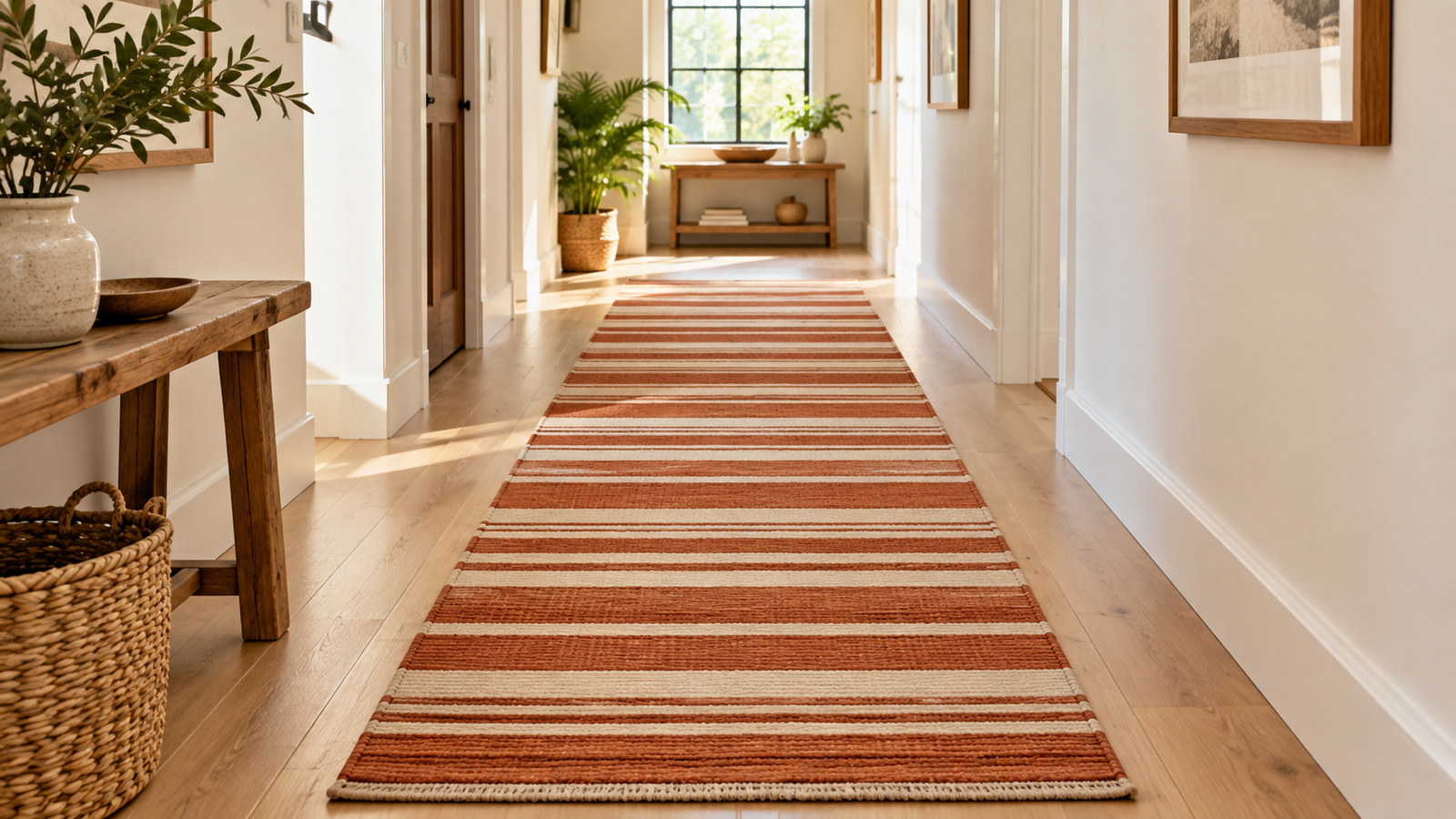 Flatweave dhurrie runner rug in a hallway with an even margin of floor visible on each side