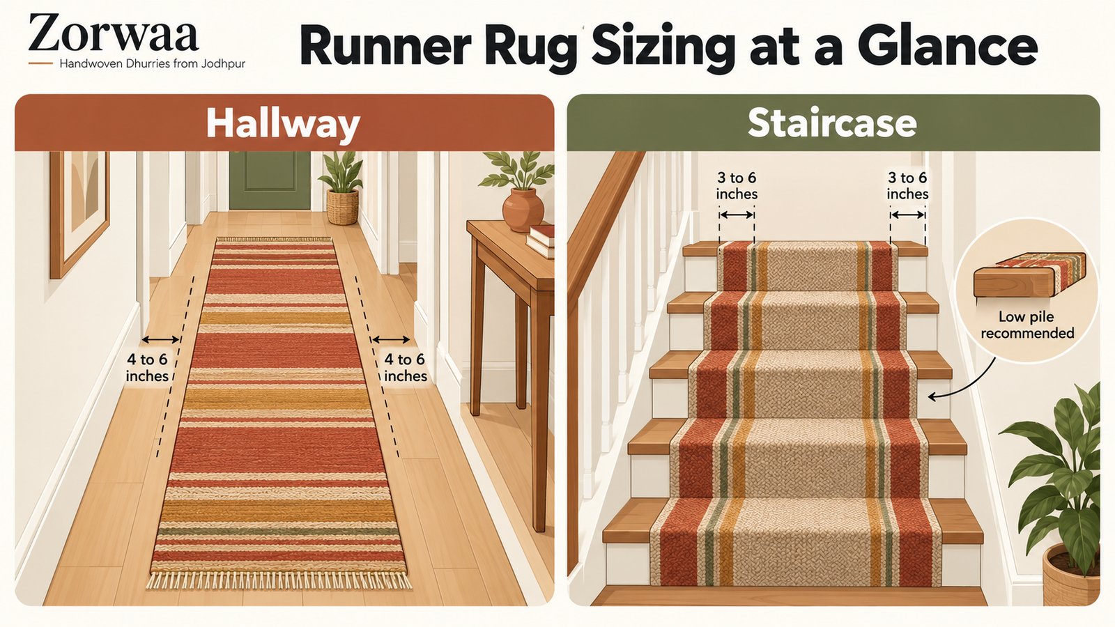 Zorwaa infographic showing sizing margins and measurements for hallway and stair runner rugs