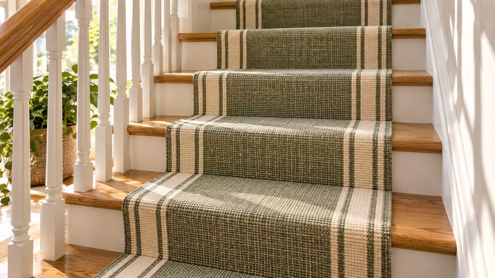 Low-pile flatweave stair runner secured on a wooden staircase with exposed tread on each side
