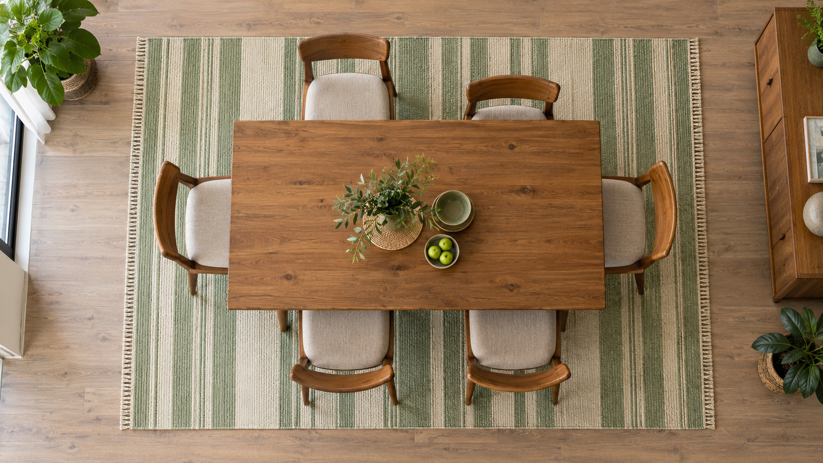 Overhead view of a dining table and rug showing the 24 to 30 inch clearance margin