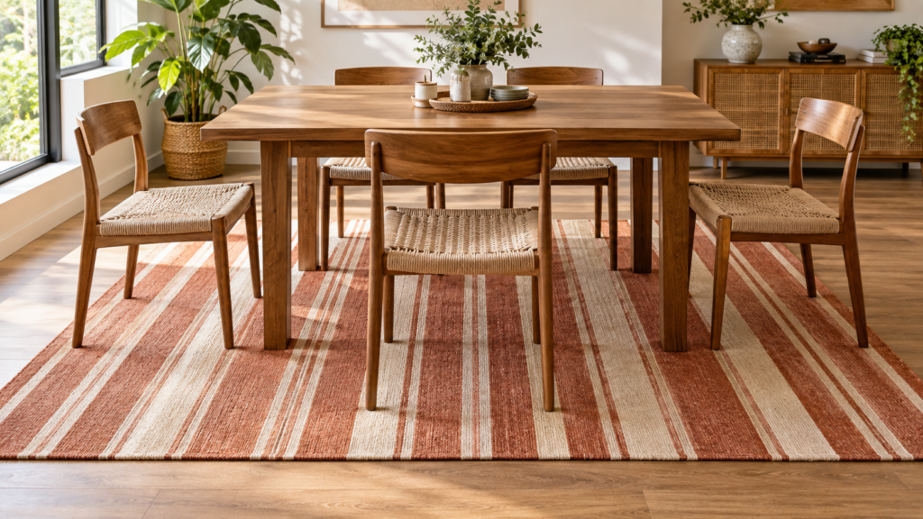 Flatweave dhurrie rug correctly sized under a dining table with chairs pulled out