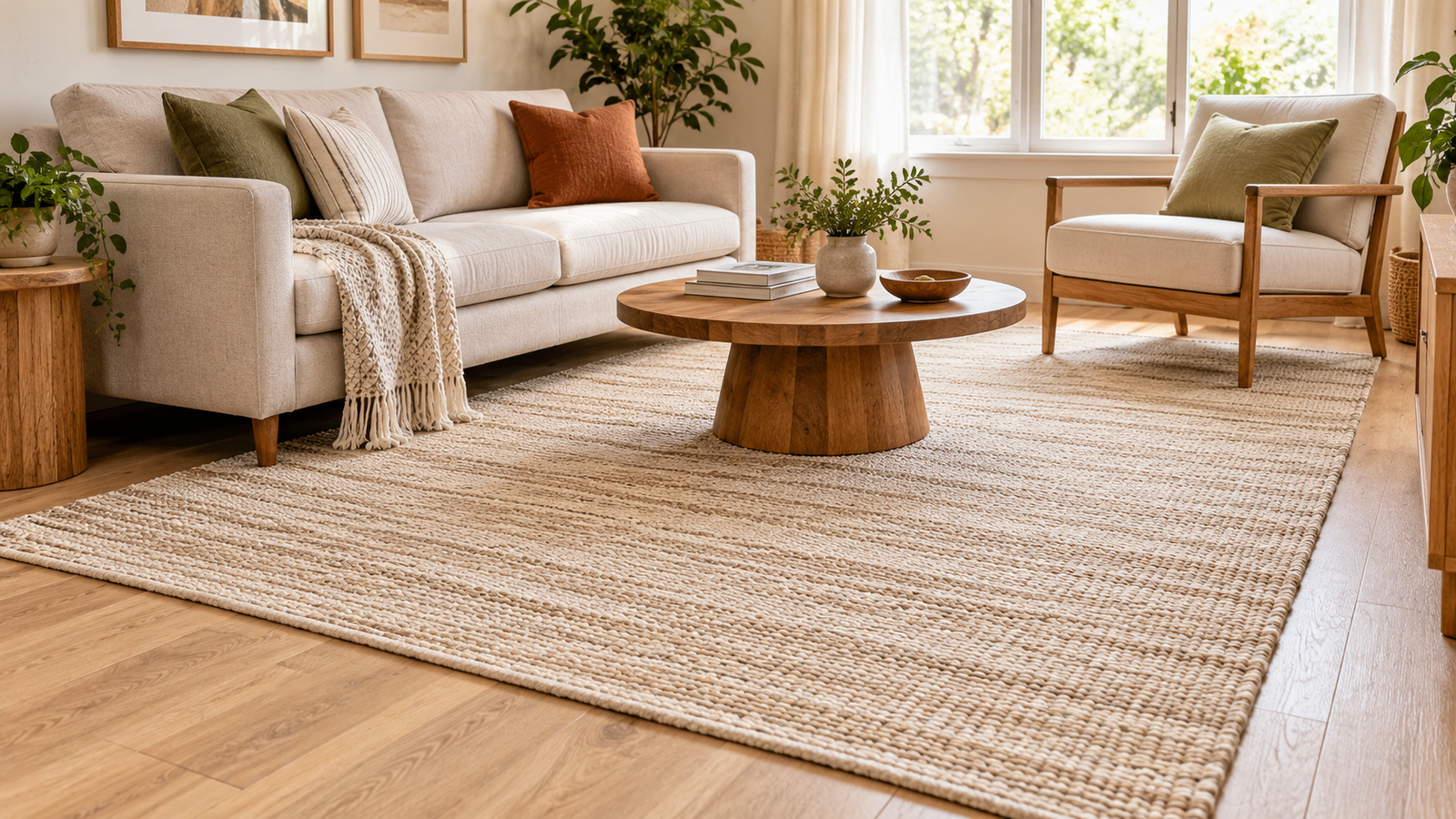 Light ivory flatweave dhurrie rug in a small room with low contrast against the floor
