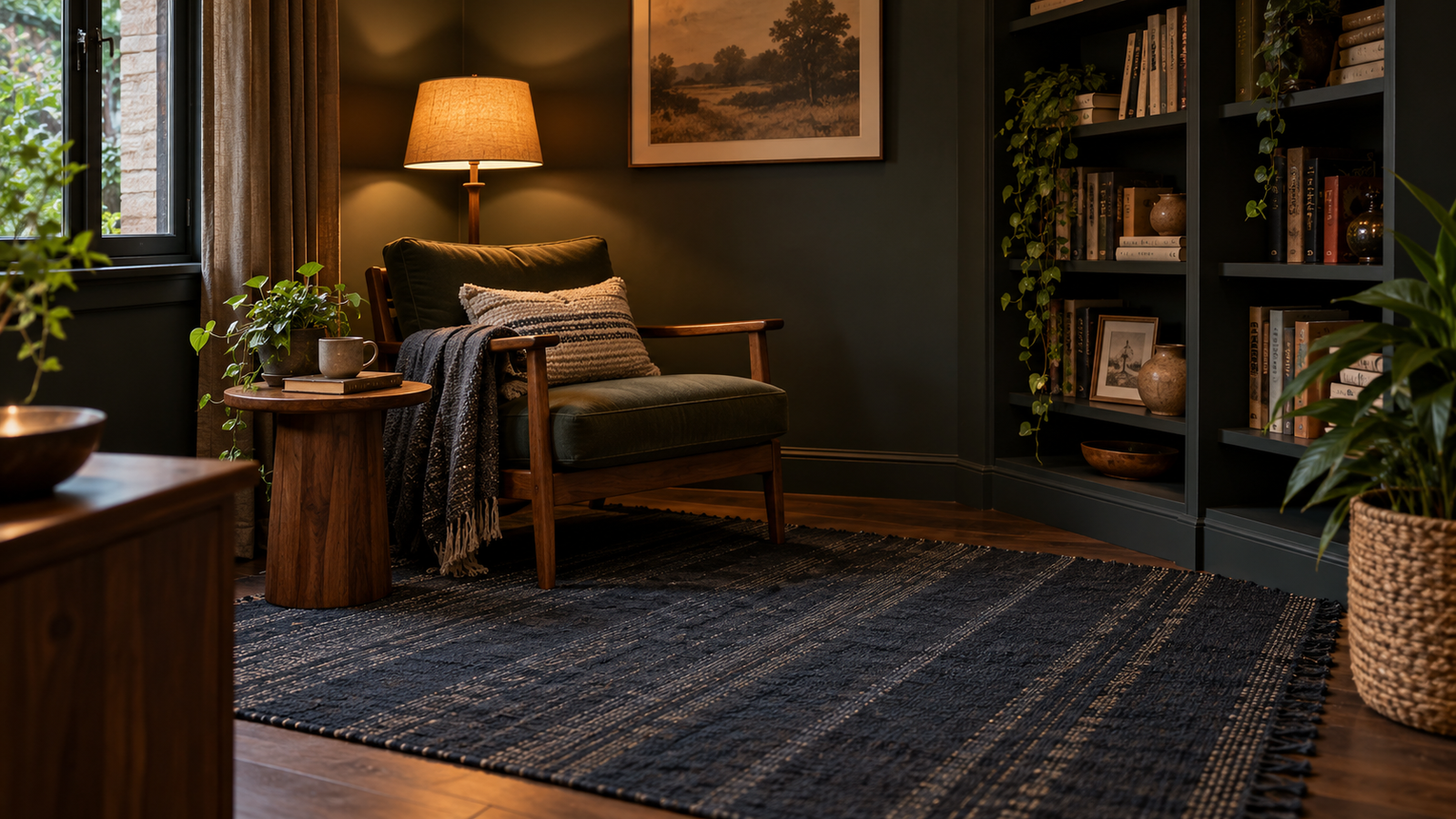 Darker-toned dhurrie rug working well in a small room with a cohesive moody colour palette