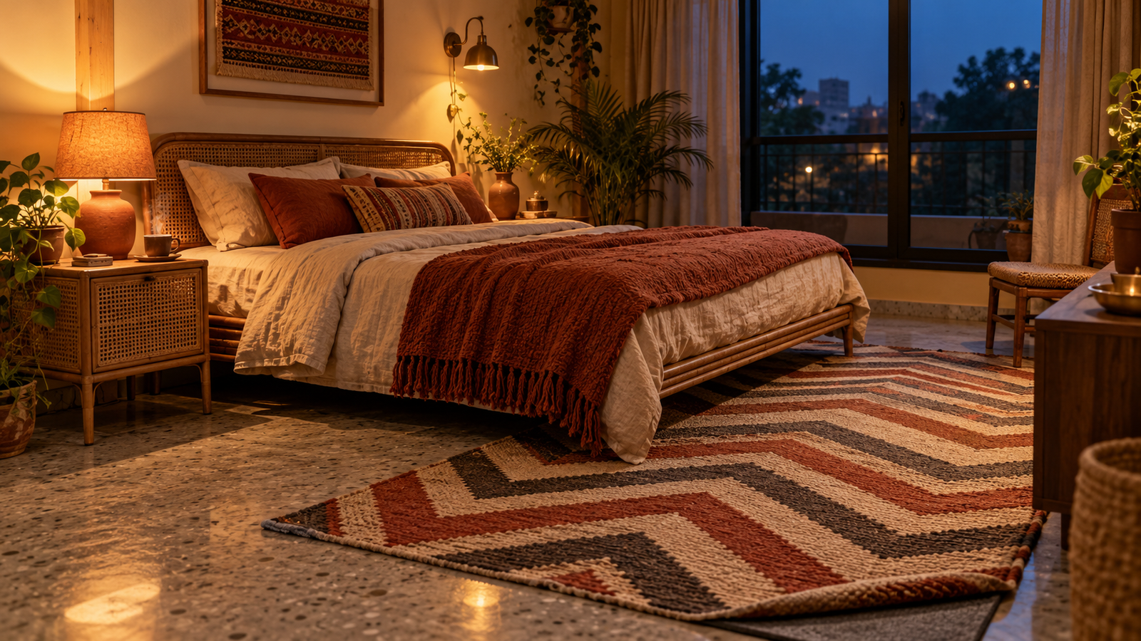Wool flatweave dhurrie beside a bed in a lamp-lit winter bedroom with a cool terrazzo floor