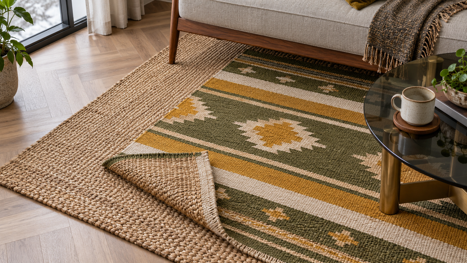 Small wool dhurrie layered over a large jute rug in a mid-century living room in winter daylight