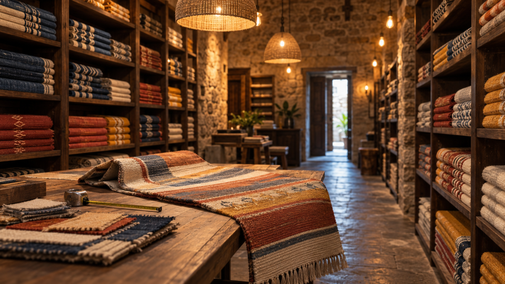 Folded handwoven dhurries stacked on wooden shelves in a warmly lit rug showroom, with one rug unfolded for inspection