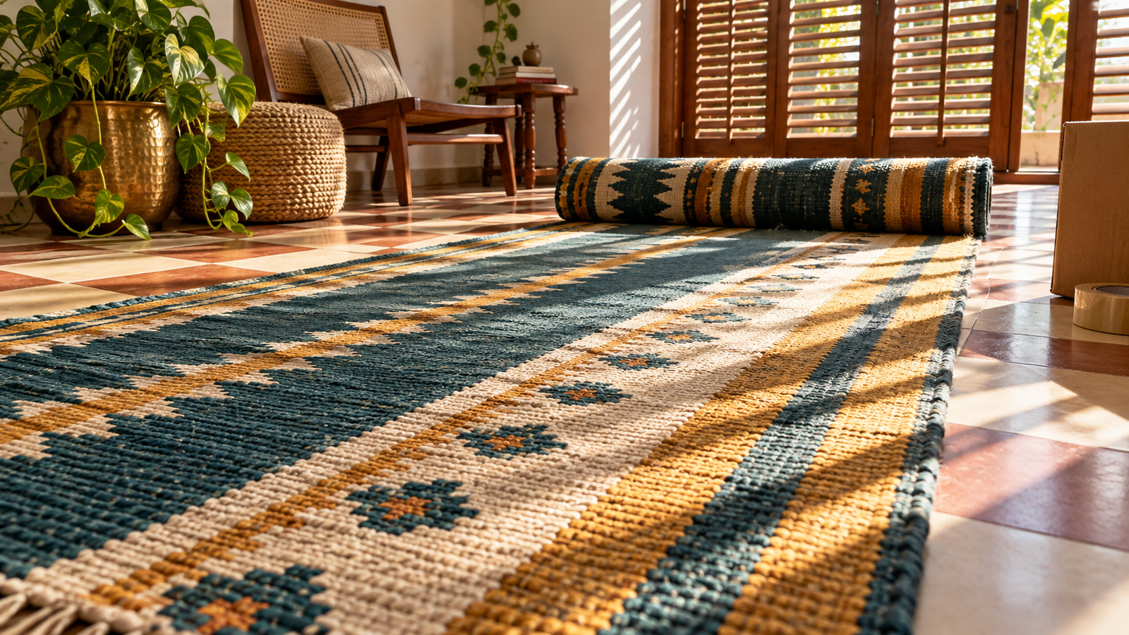 Handwoven flatweave dhurrie being unrolled across the floor of a sunny apartment living room