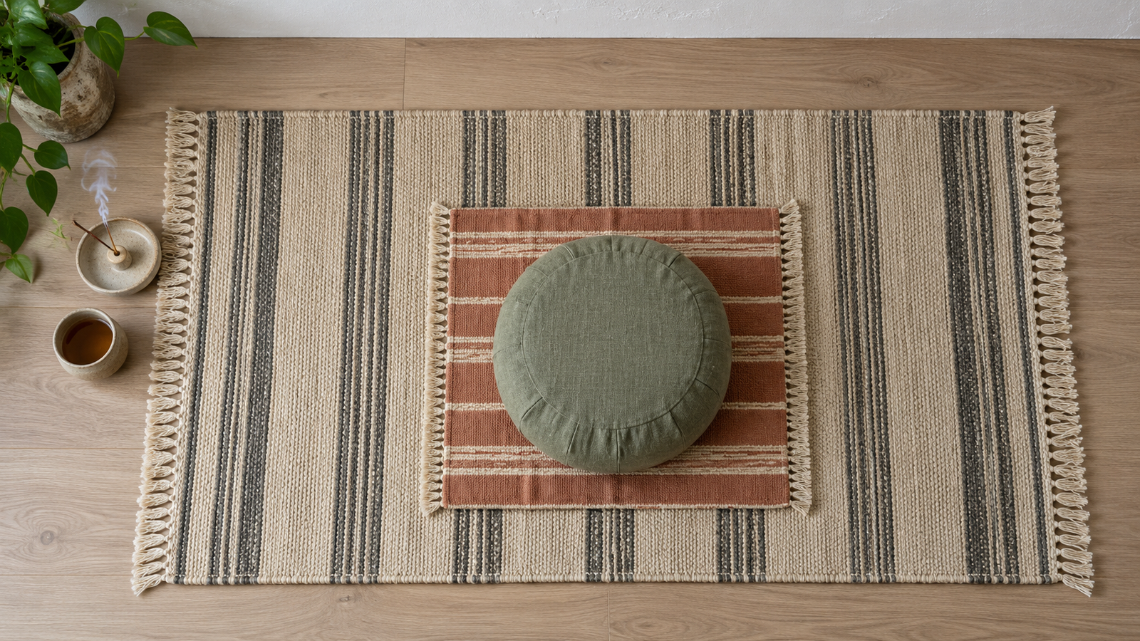 Top-down view of a wool flatweave meditation rug with a small cotton aasan and a linen cushion