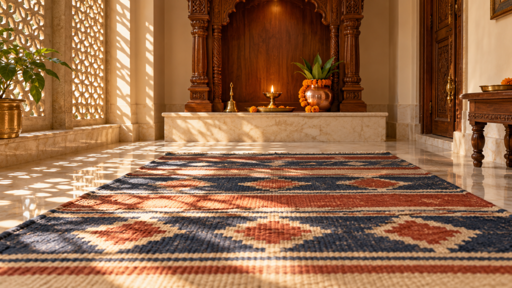 Handwoven flatweave dhurrie laid in front of a teak mandir in a traditional Indian pooja room at sunrise
