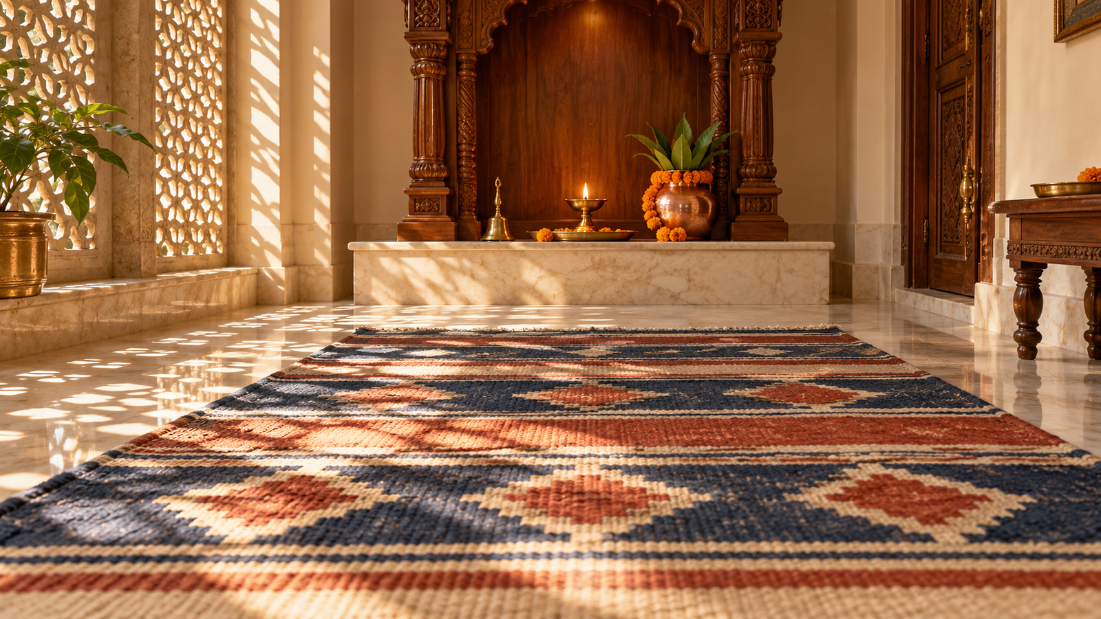 Handwoven flatweave dhurrie laid in front of a teak mandir in a traditional Indian pooja room at sunrise