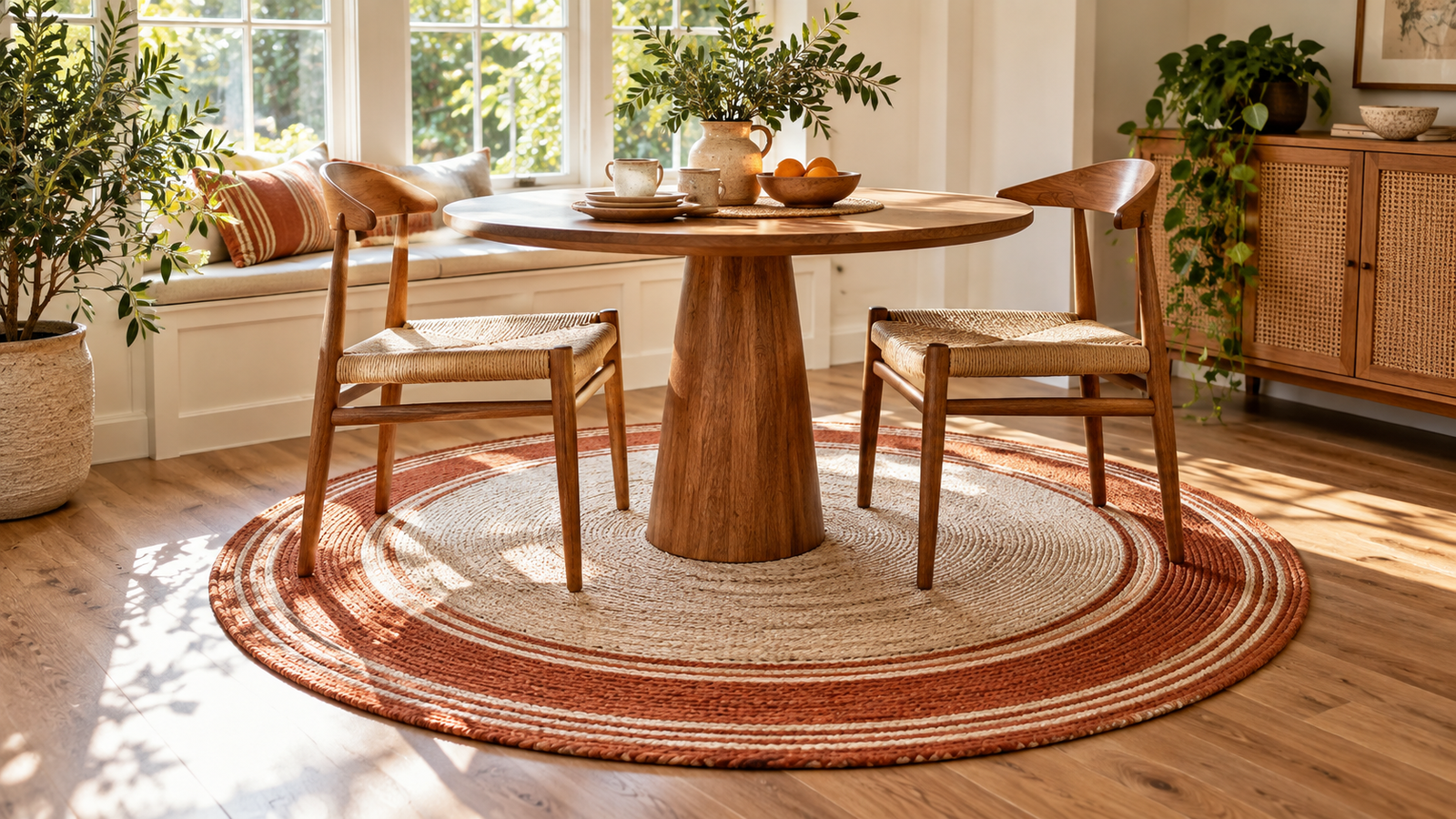 Round flatweave dhurrie rug sized correctly under a round breakfast nook table