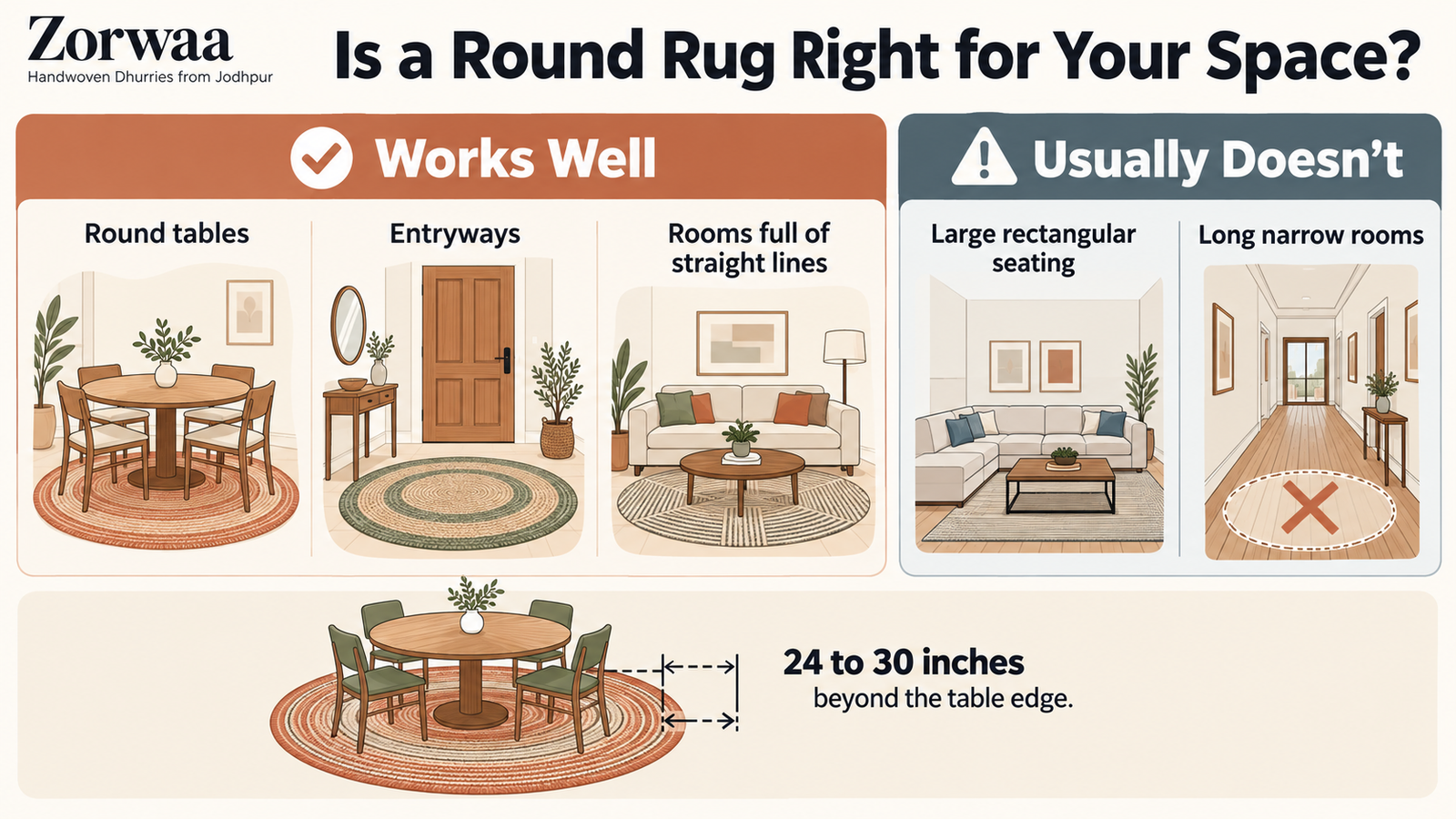 Zorwaa infographic showing where round rugs work well and where they don't