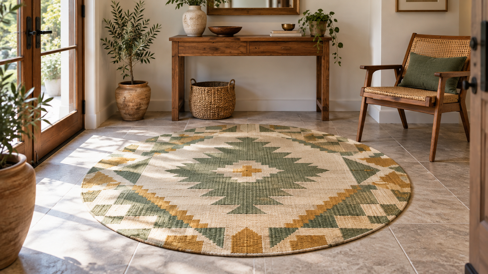 Round dhurrie rug softening the geometry of a square entryway foyer