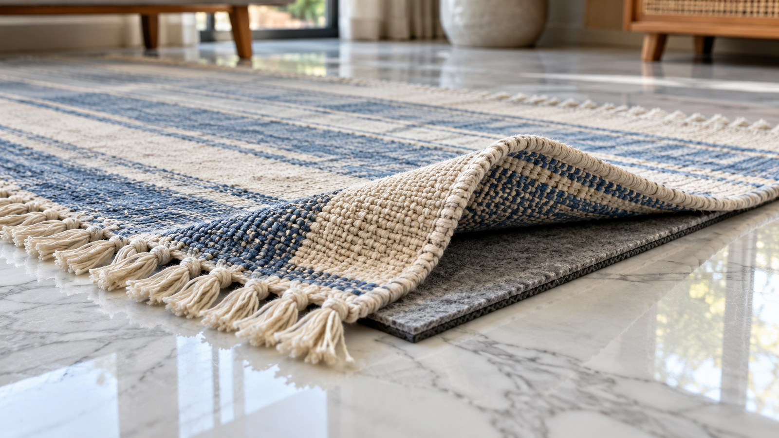 Corner of a handwoven dhurrie folded back to show a felt and rubber rug pad on a polished marble floor