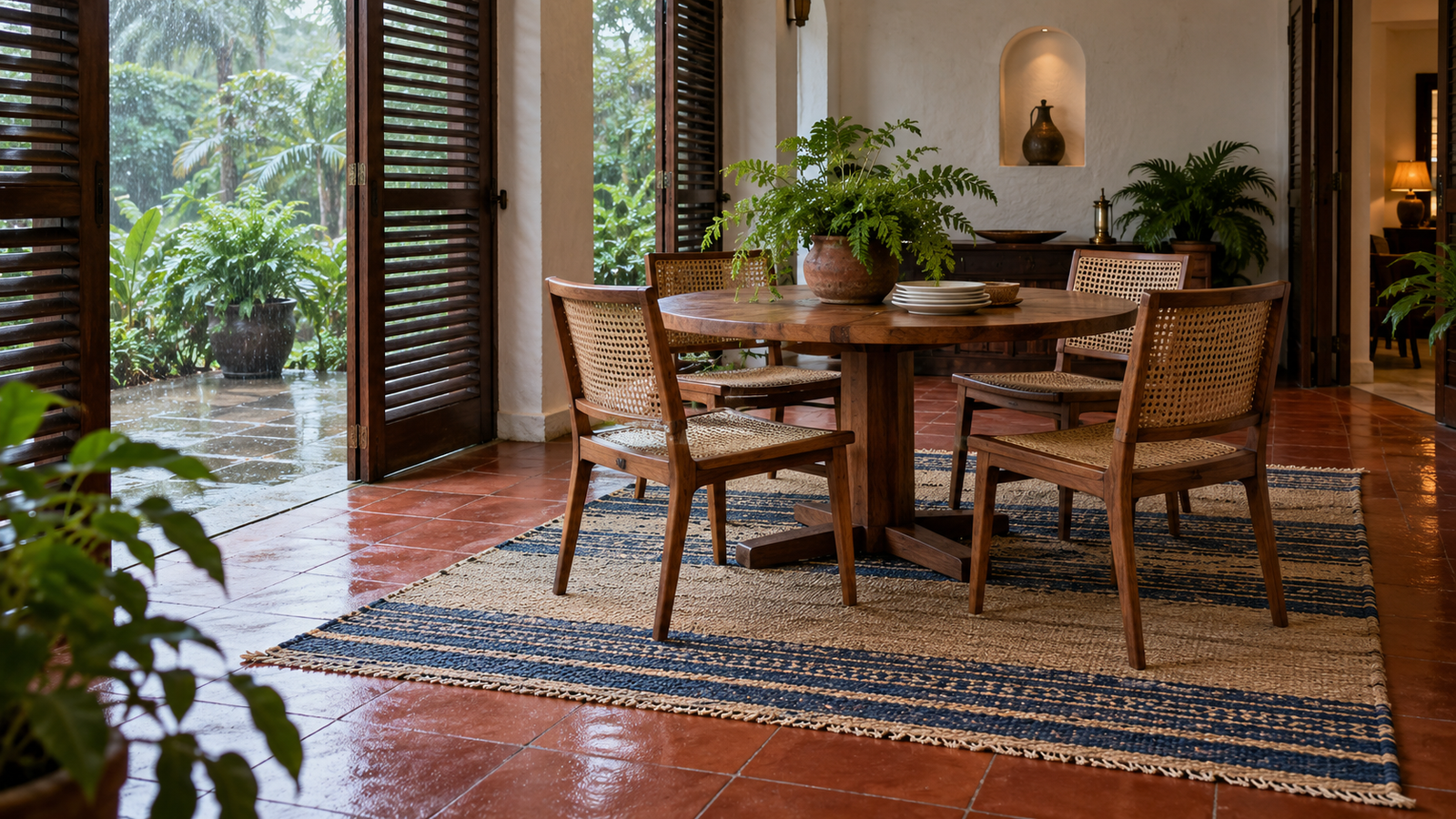 Handwoven cotton dhurrie lying flat under cane dining chairs on a terracotta floor in soft monsoon light